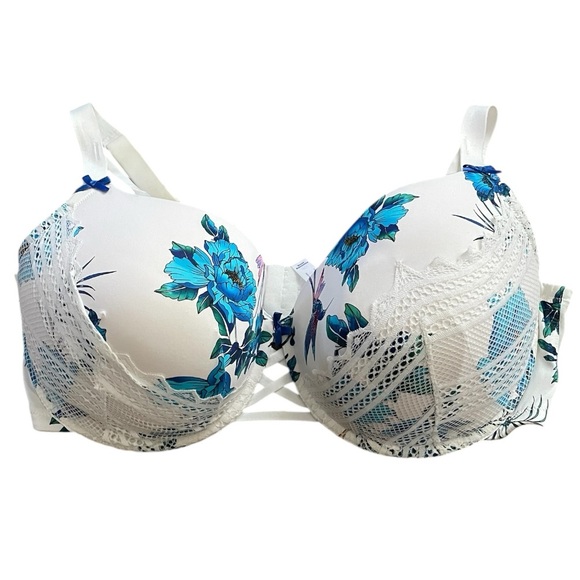 Cacique Other - Cacique Boost Balconette White blue floral and lace underwire push up bra 44G
